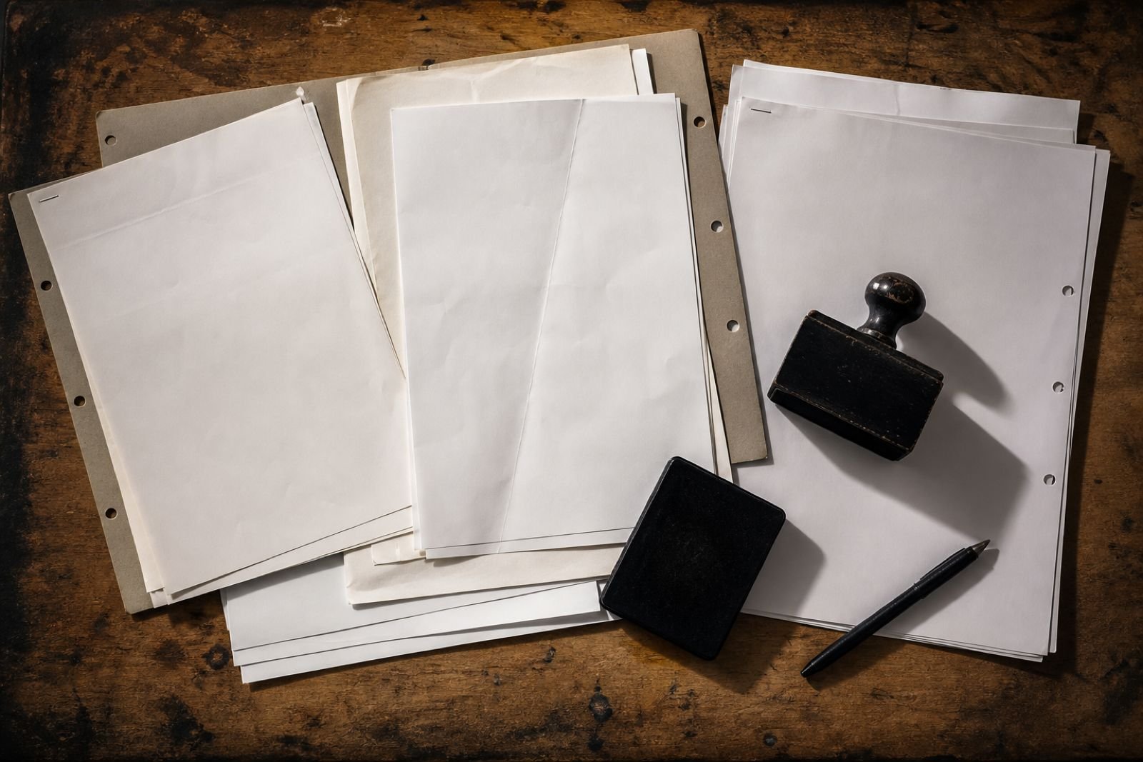 Vollständiger Ausfuhrdokumentensatz auf einem Tisch: Rechnung, Packliste, Ursprungszeugnis, Stempel.