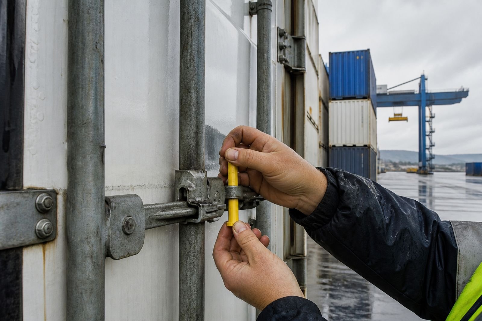 Verladung eines Kühlcontainers am Terminal, Siegel und Containernummer sichtbar.