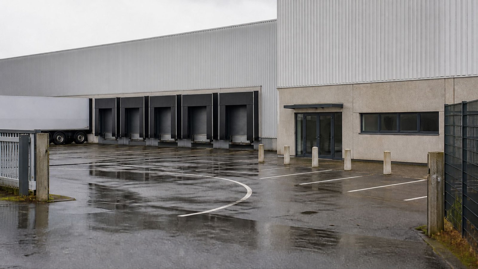 Eingang und Verladehof der KJ² Food GmbH mit Lkw an der Rampe.