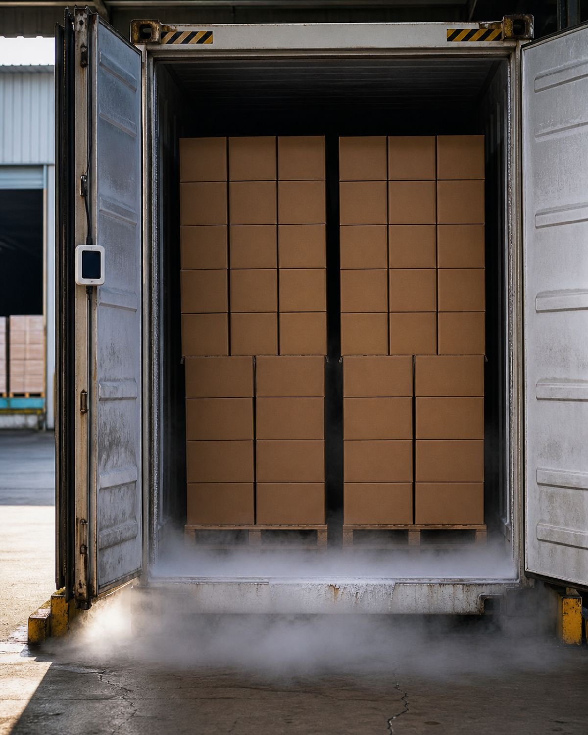 Geöffneter Kühlcontainer im Terminal, Ware auf Paletten, Datenlogger sichtbar.